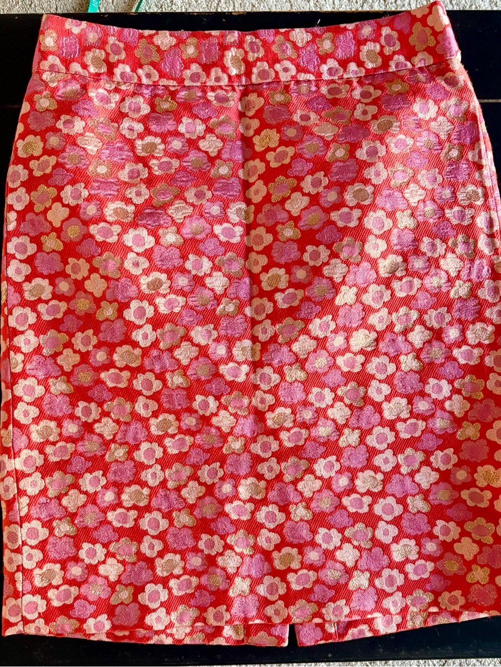 J. Crew Red Floral Jacquard Skirt with Pink and Gold Accents